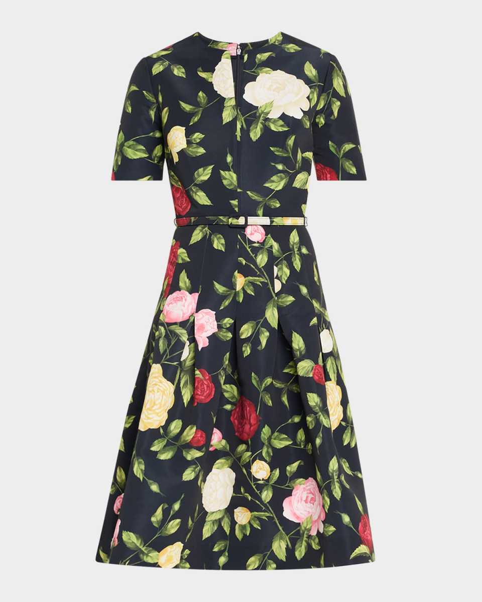 Short-Sleeve Belted English Rose Faille Dress